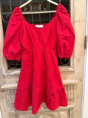 Pants store Bright Red Mini Dress with Puff Sleeves